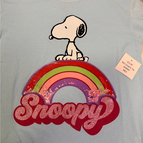 Youth Peanuts Snoopy Blue Graphic T-Shirt with Rainbow Design NWT - Picture 2 of 5